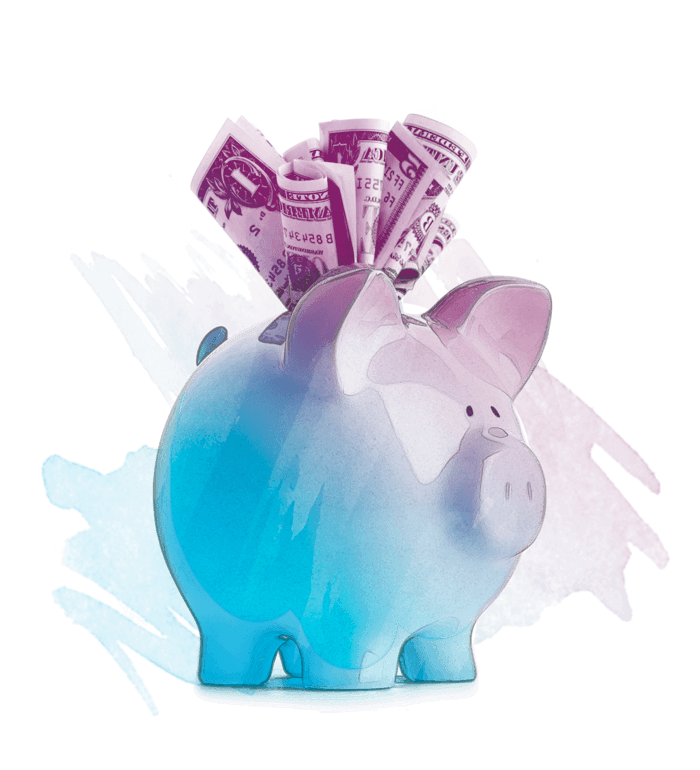 A colorful piggy bank with money sticking out of the top