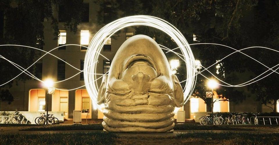 egghead statue in front of mrak hall at uc davis