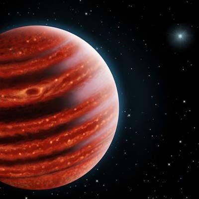 Graphic of a red striped planet and stars beyond