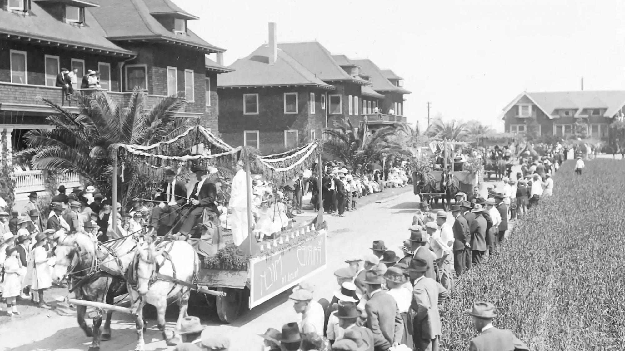 A scene of a UC Davis Picnic Day parade circa the turn of the 20th century