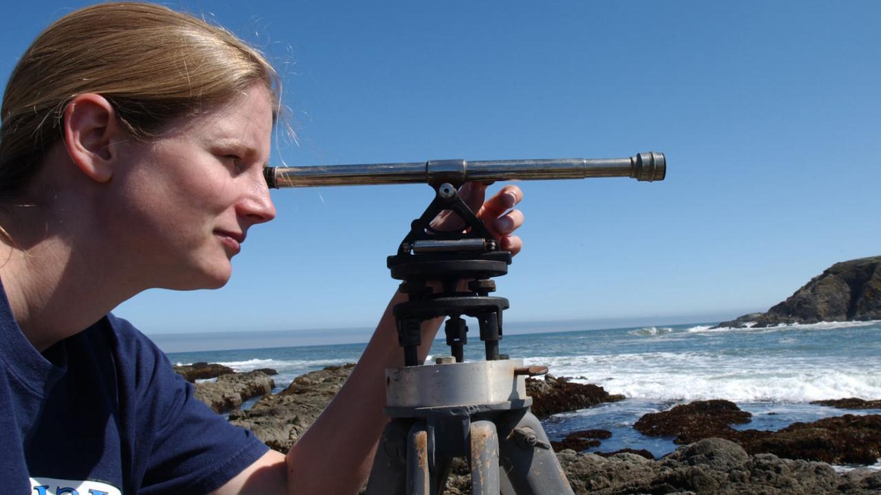 An undergraduate researchers surveys the seashore near Bodega Bay, California