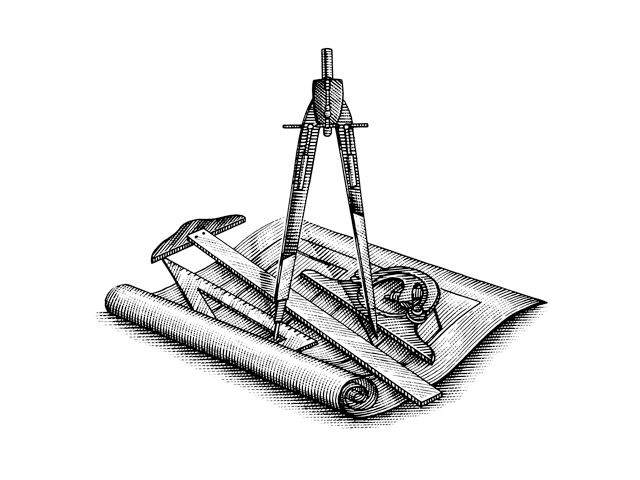 A woodcut illustration of a compass and several other engineering and drafting tools