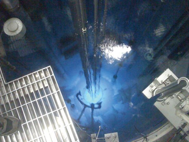 Inside the water cooling tanks of a nuclear reactor