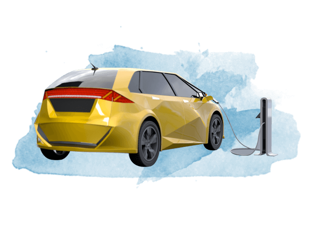 A yellow electric car charges via an electric chargin station