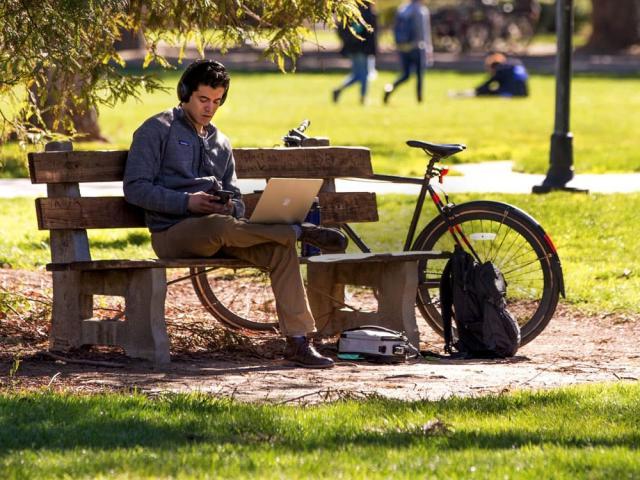 一个学生坐在院子里的长凳上学习——大一新生申请技巧