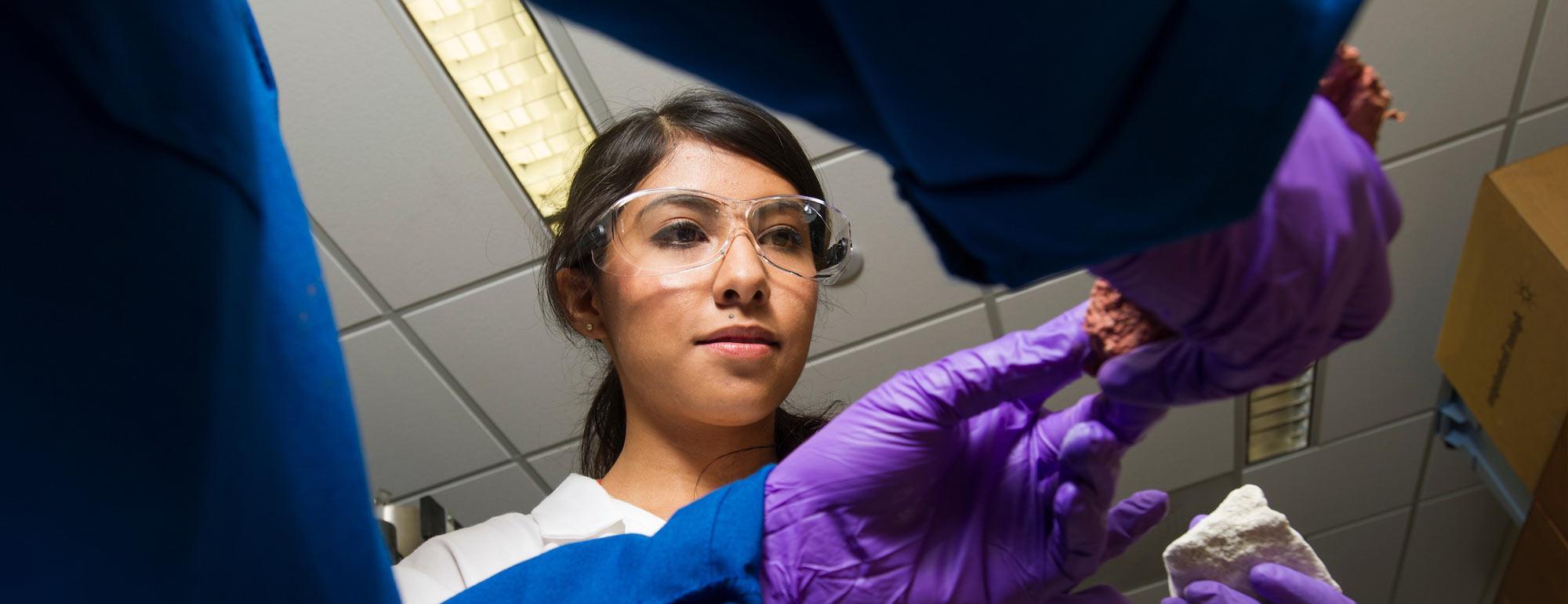 A female student works with a researcher in a lab on the UC Davis campus