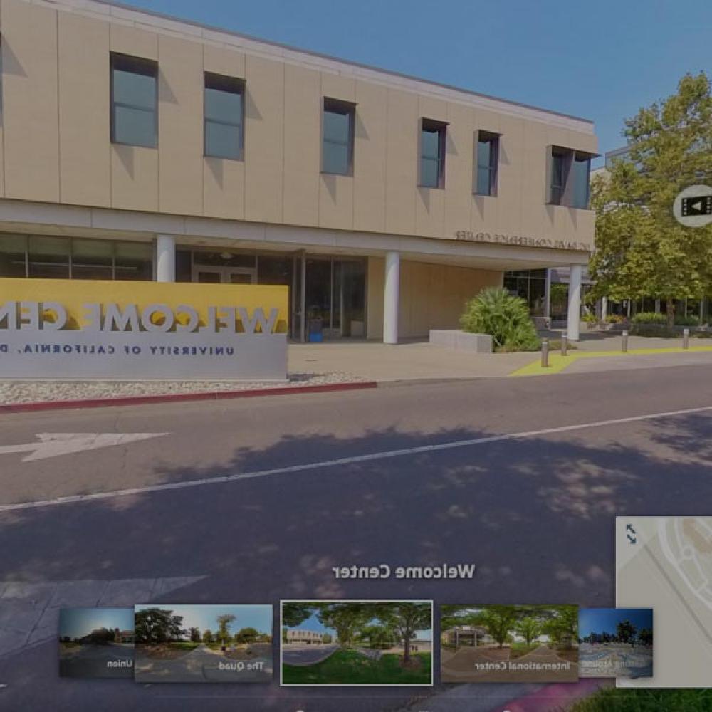 A screenshot of the virtual tour app showing the UC Davis welcome center